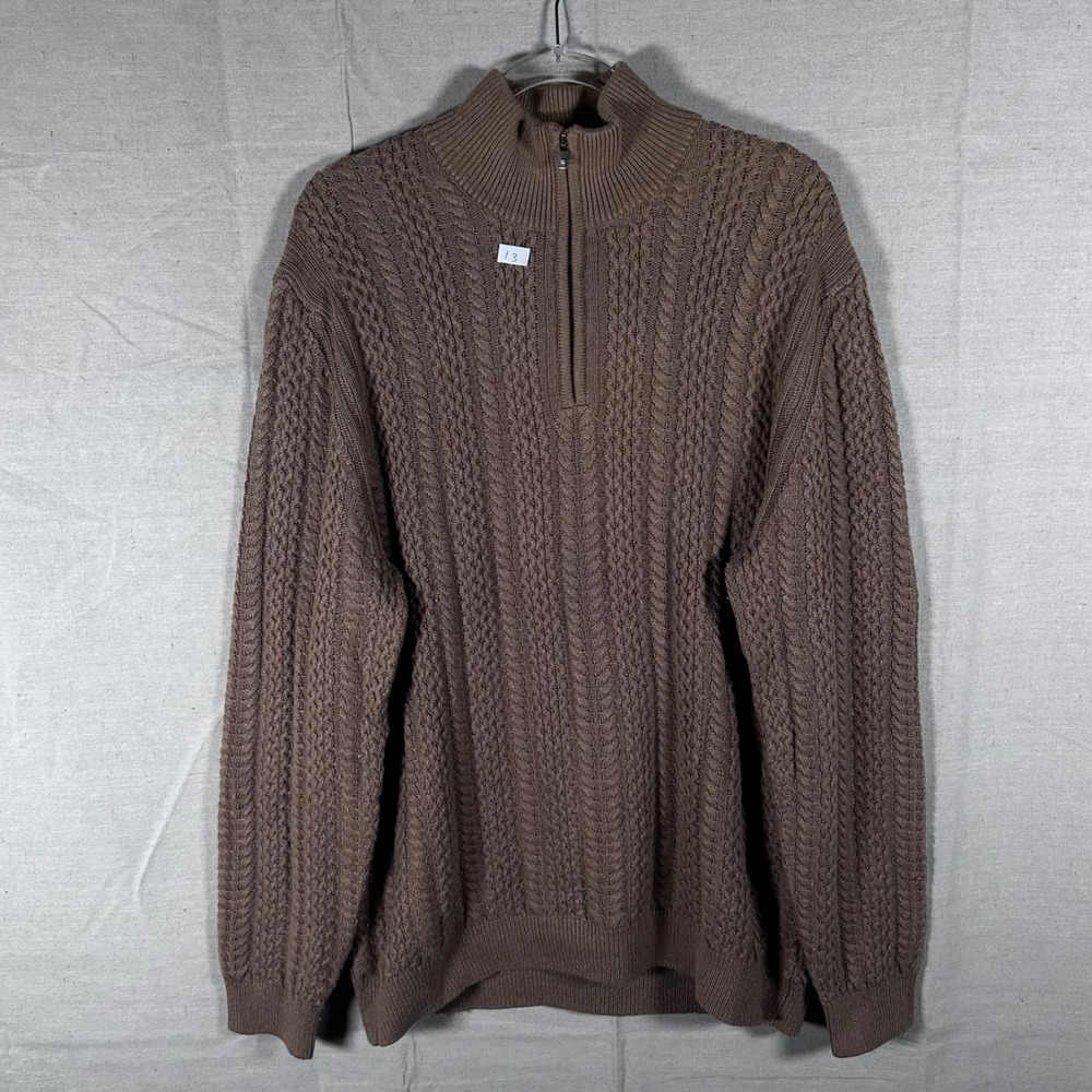 Reiss Mens XL Brown Cable Knit Quarter Zip‎ Sweater Cotton Wool Blend Mock Neck